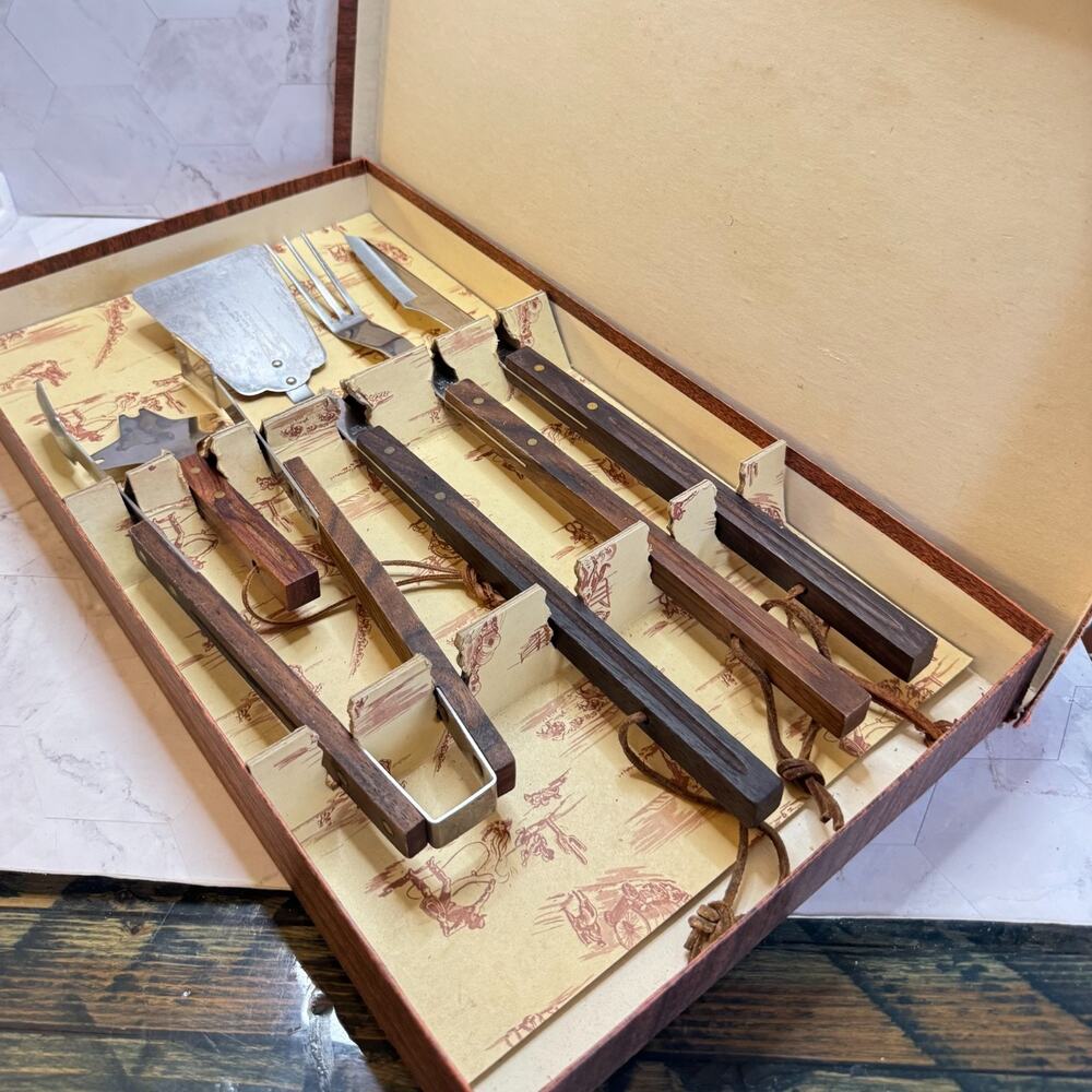 Vintage BBQ Tools Utensil Set Cowboy Western Chuck Wagon MCM Teak Wood in EUC